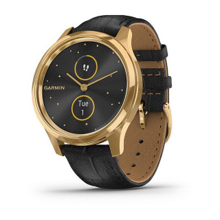 vívomove® Luxe (Boîtier Gold avec dépôt physique en phase vapeur 24K en acier inoxydable avec bracelet en cuir italien embossé noir)